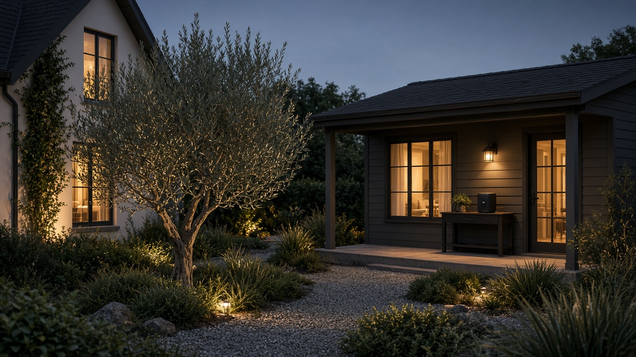 Main house and guest cottage across a lit courtyard — one household evening, two buildings