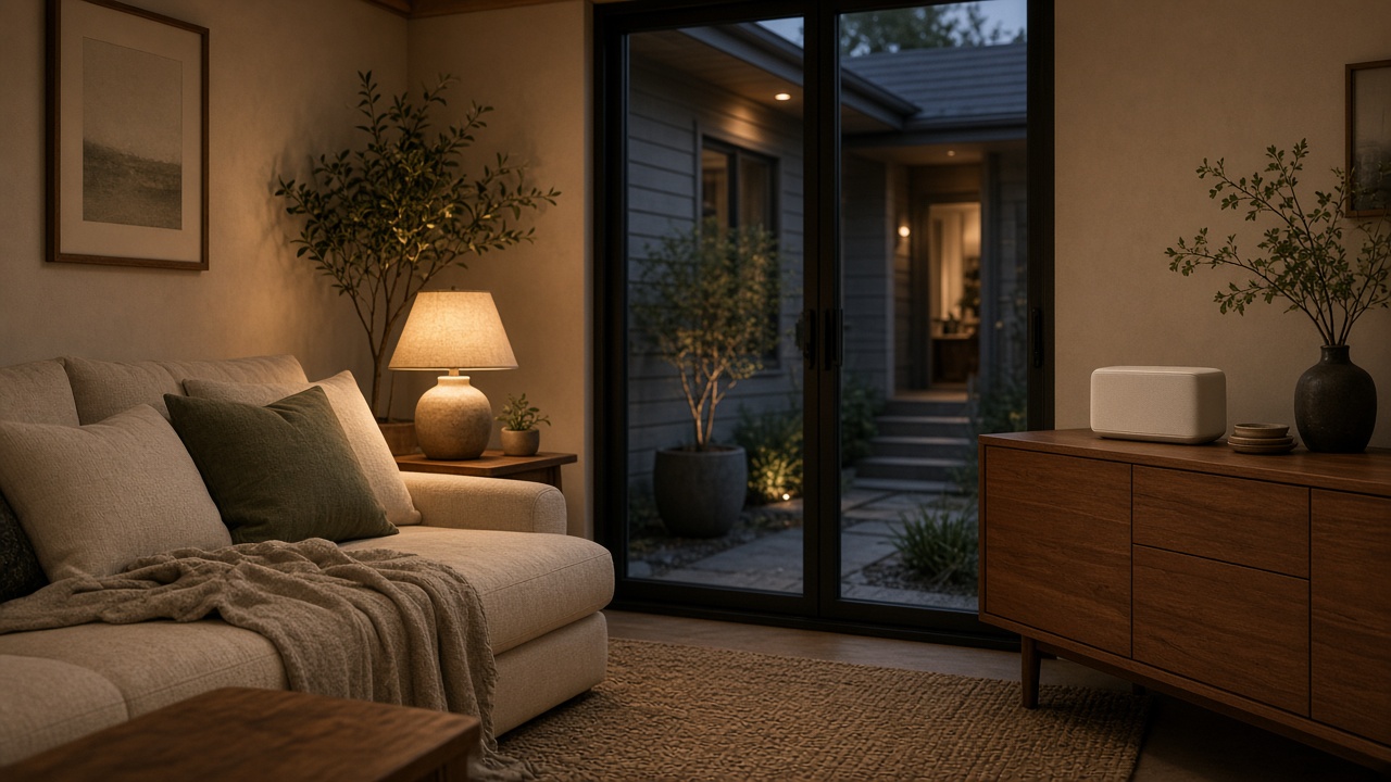Guest cottage living room at evening with a compact Sonos speaker on the sideboard — courtyard lit through the glass