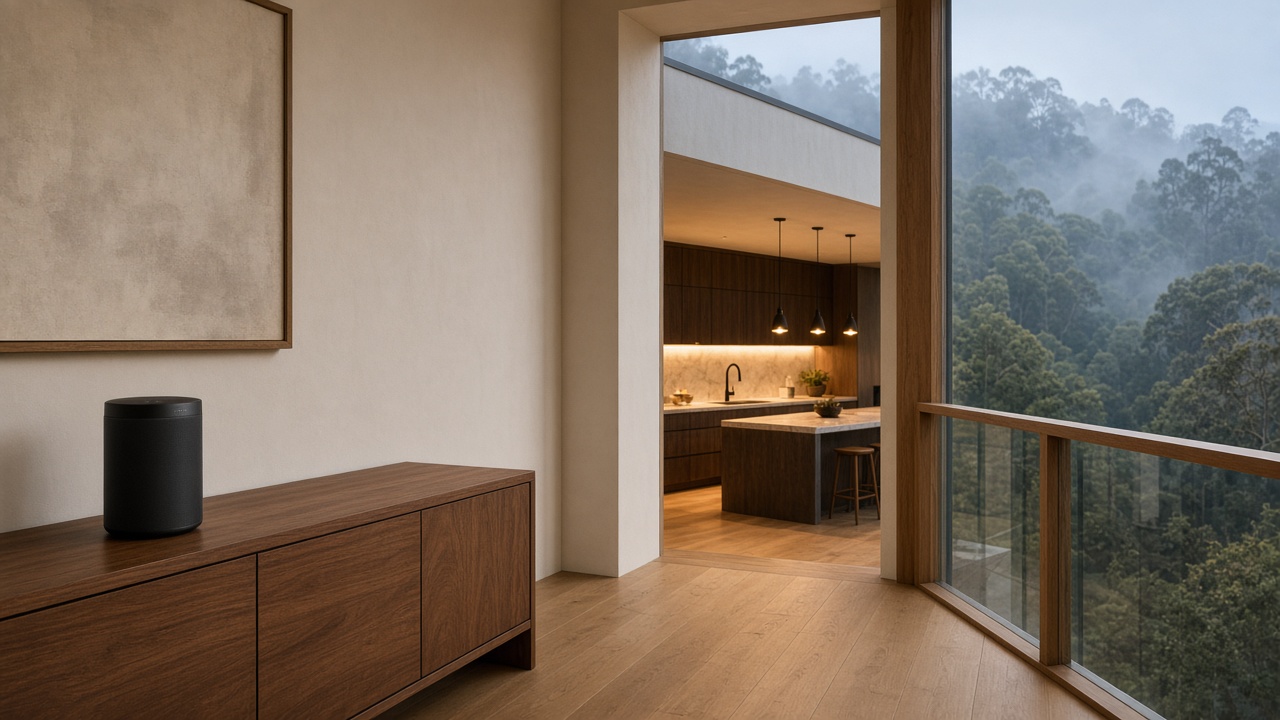 Sonos in a Marin living room — music that stays with you from the sitting room into the kitchen beyond