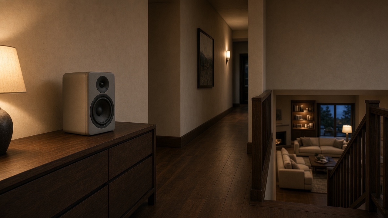 Upstairs landing overlooking the living room below — a discreet speaker on the console, music that can hold across floors