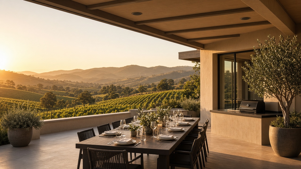 Sonoma patio at golden hour with architectural speakers under the eaves — dinner in the same mood as the kitchen