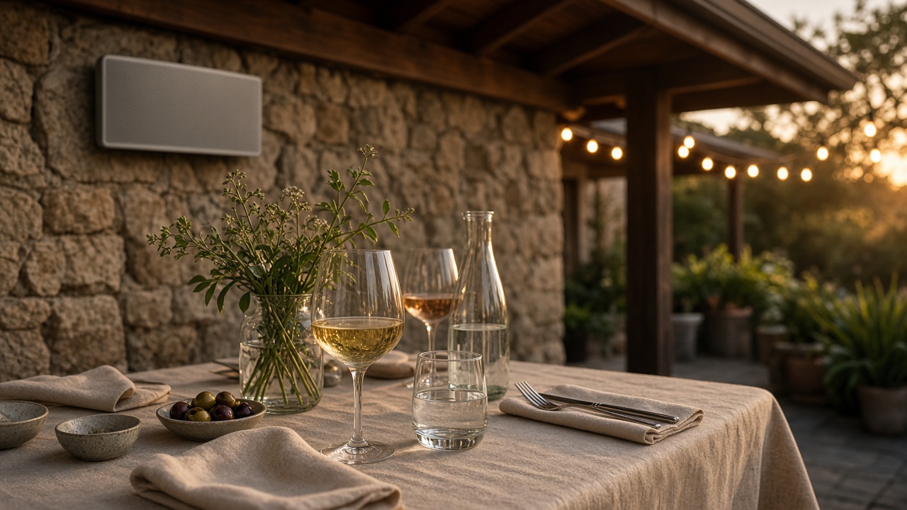 Patio table at golden hour with a weather-rated architectural speaker under the eaves — conversation-level evening sound
