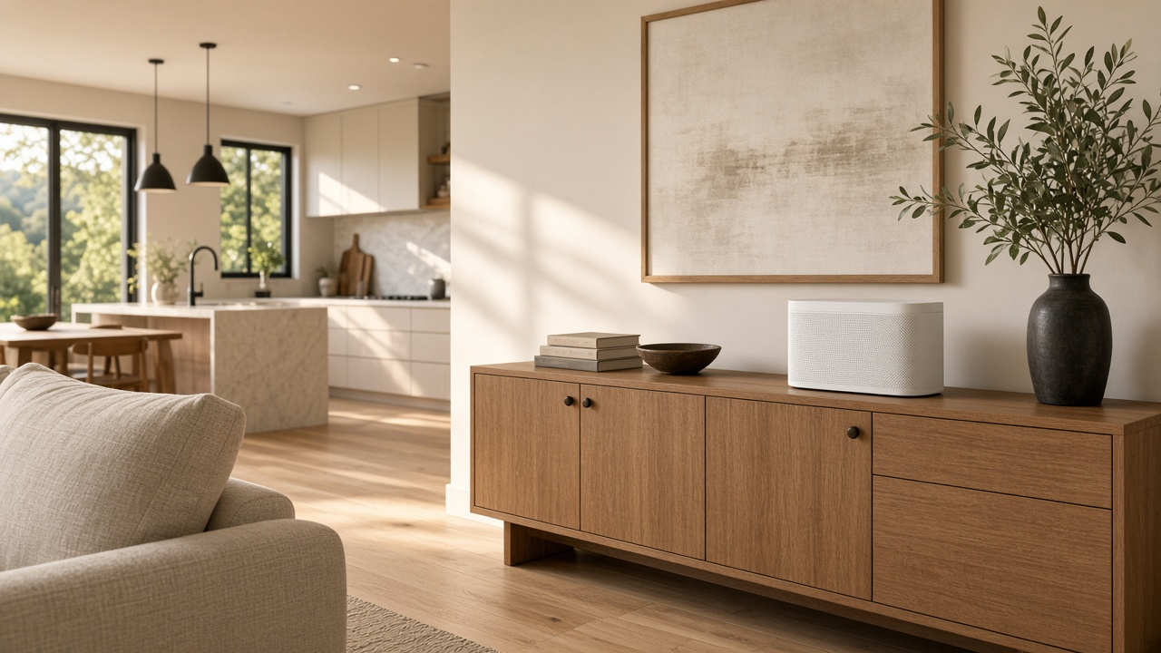 White Sonos Five on a light oak living-room console — books and a bowl beside it, with the kitchen open beyond