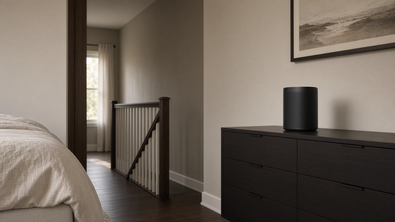 Black Sonos speaker on a dark bedroom dresser — a quieter room, with the stair hall beyond